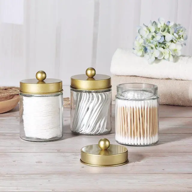Alt view image 6 of 7 - Apothecary Jar Canisters Bathroom Vanity Organizer - Qtip Holder Storage Organizer Countertop -Stainless Steel Lids &Cute Stickers for Qtips,Cotton Swabs,Makeup Sponges,Floss(3 Pack) (Gold)