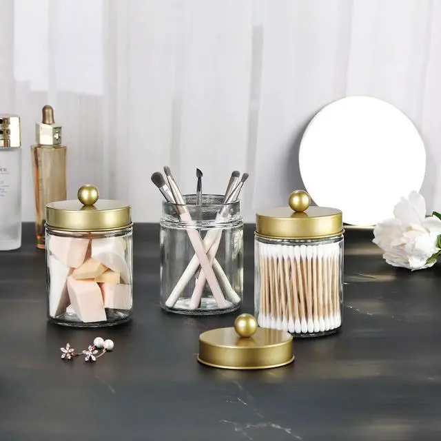 Alt view image 7 of 7 - Apothecary Jar Canisters Bathroom Vanity Organizer - Qtip Holder Storage Organizer Countertop -Stainless Steel Lids &Cute Stickers for Qtips,Cotton Swabs,Makeup Sponges,Floss(3 Pack) (Gold)