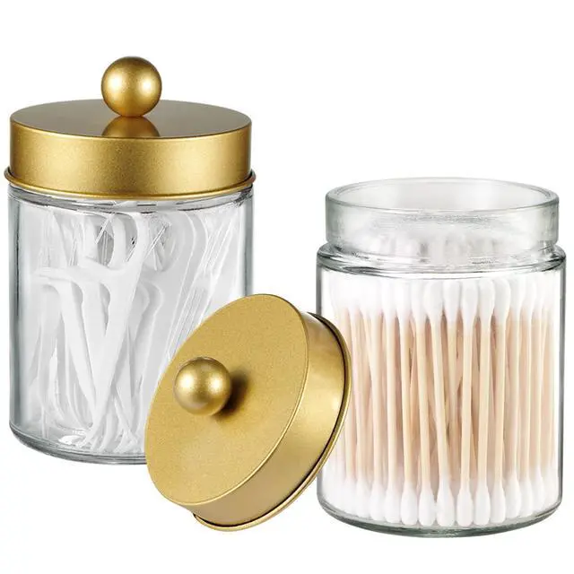Alt view image 2 of 7 - Apothecary Jar Canisters Bathroom Vanity Organizer - Qtip Holder Storage Organizer Countertop -Stainless Steel Lids &Cute Stickers for Qtips,Cotton Swabs,Makeup Sponges,Floss(3 Pack) (Gold)