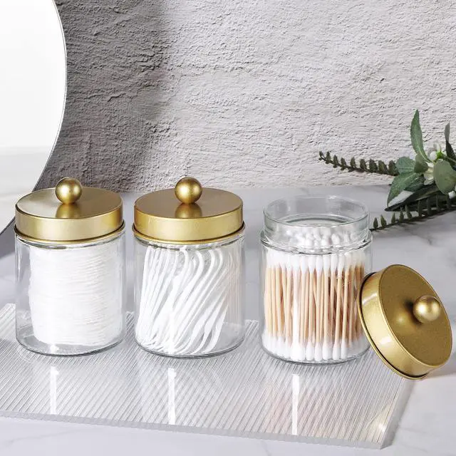Alt view image 5 of 7 - Apothecary Jar Canisters Bathroom Vanity Organizer - Qtip Holder Storage Organizer Countertop -Stainless Steel Lids &Cute Stickers for Qtips,Cotton Swabs,Makeup Sponges,Floss(3 Pack) (Gold)