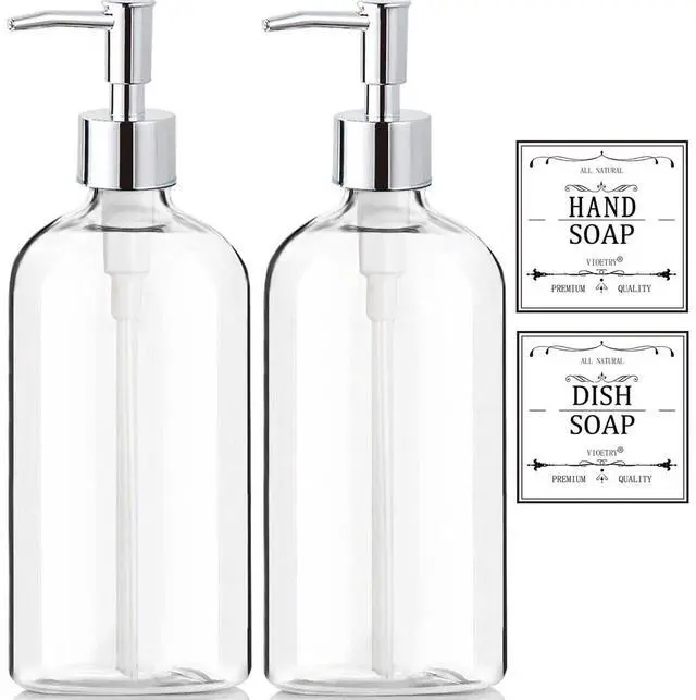 Main image of Clear Soap Dispenser with Rust Proof Pump, Waterproof Labels (2 Pack,16 Oz), Plastic Hand Soap Dish Soap Dispenser for Kitchen Bathroom
