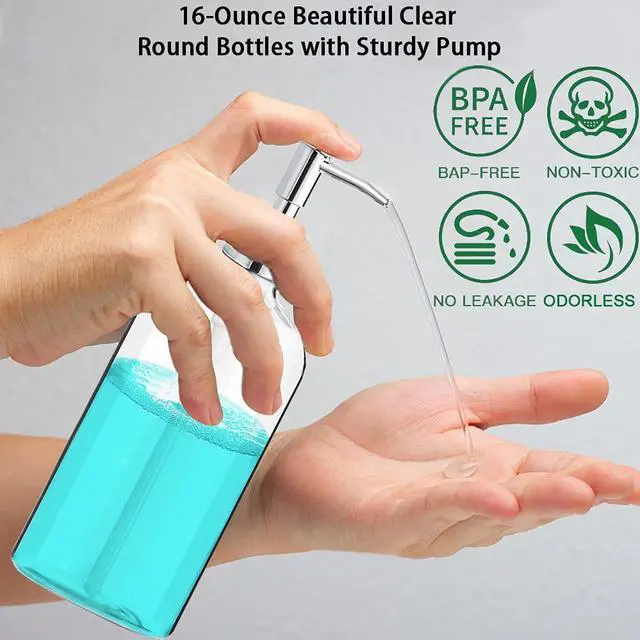 Alt view image 4 of 7 - Clear Soap Dispenser with Rust Proof Pump, Waterproof Labels (2 Pack,16 Oz), Plastic Hand Soap Dish Soap Dispenser for Kitchen Bathroom