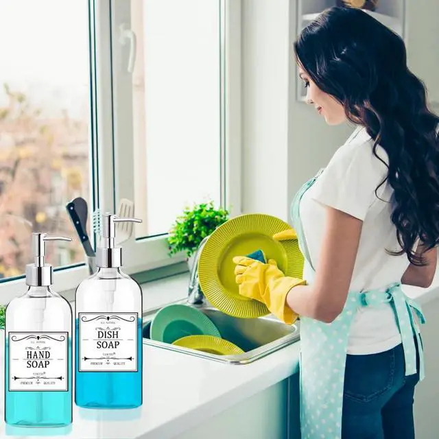 Alt view image 5 of 7 - Clear Soap Dispenser with Rust Proof Pump, Waterproof Labels (2 Pack,16 Oz), Plastic Hand Soap Dish Soap Dispenser for Kitchen Bathroom