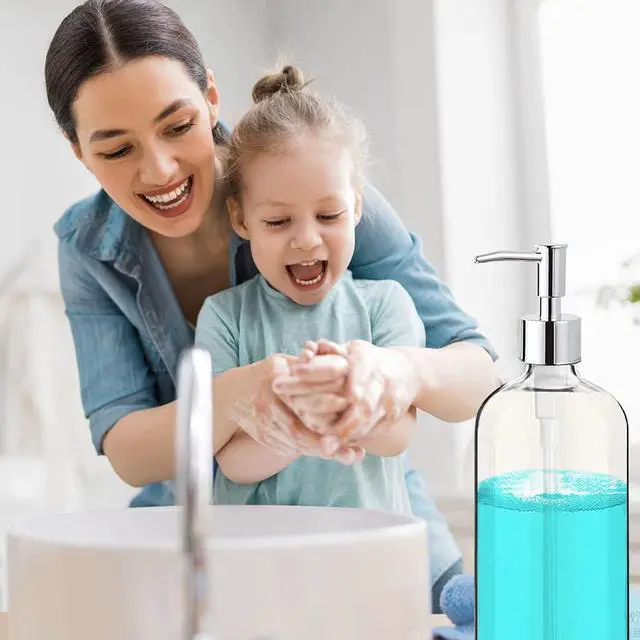 Alt view image 6 of 7 - Clear Soap Dispenser with Rust Proof Pump, Waterproof Labels (2 Pack,16 Oz), Plastic Hand Soap Dish Soap Dispenser for Kitchen Bathroom