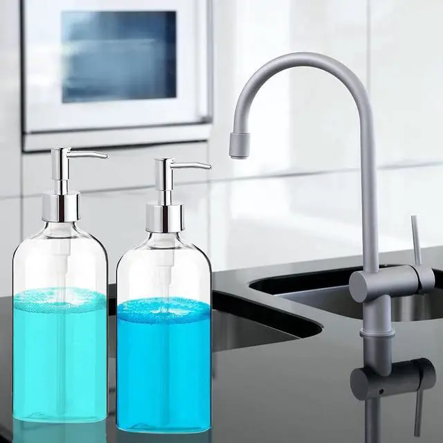 Alt view image 7 of 7 - Clear Soap Dispenser with Rust Proof Pump, Waterproof Labels (2 Pack,16 Oz), Plastic Hand Soap Dish Soap Dispenser for Kitchen Bathroom