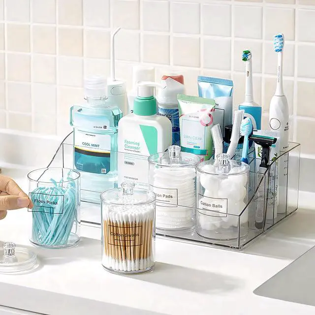 Main image of 5 PCS Bathroom Countertop Organizer, 1 Divided Tray with 4 Qtip Holder Jars, Restroom Clear Organizers for Toothbrush, Cotton Pads Balls, Floss, Bathroom Vanity Accessories Storage Set