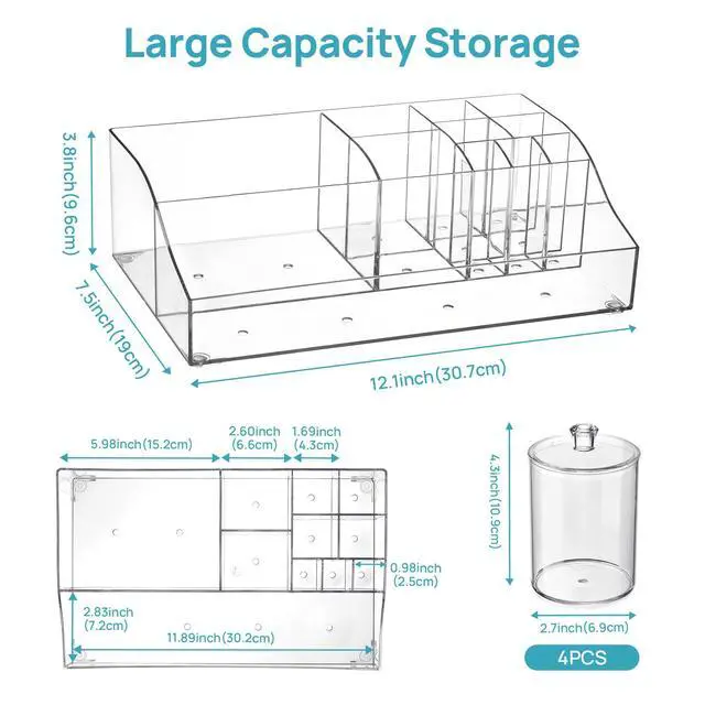 Alt view image 2 of 7 - 5 PCS Bathroom Countertop Organizer, 1 Divided Tray with 4 Qtip Holder Jars, Restroom Clear Organizers for Toothbrush, Cotton Pads Balls, Floss, Bathroom Vanity Accessories Storage Set
