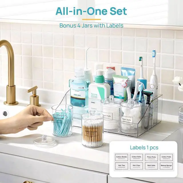 Alt view image 3 of 7 - 5 PCS Bathroom Countertop Organizer, 1 Divided Tray with 4 Qtip Holder Jars, Restroom Clear Organizers for Toothbrush, Cotton Pads Balls, Floss, Bathroom Vanity Accessories Storage Set