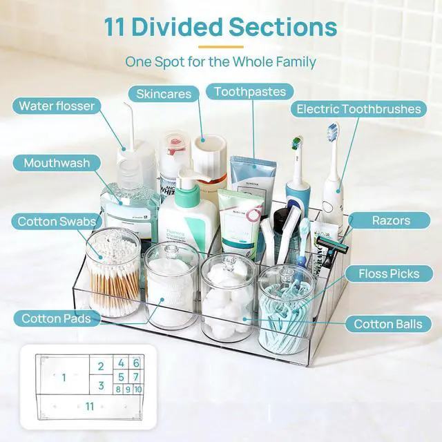 Alt view image 4 of 7 - 5 PCS Bathroom Countertop Organizer, 1 Divided Tray with 4 Qtip Holder Jars, Restroom Clear Organizers for Toothbrush, Cotton Pads Balls, Floss, Bathroom Vanity Accessories Storage Set