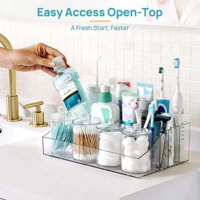 Alt view image 5 of 7 - 5 PCS Bathroom Countertop Organizer, 1 Divided Tray with 4 Qtip Holder Jars, Restroom Clear Organizers for Toothbrush, Cotton Pads Balls, Floss, Bathroom Vanity Accessories Storage Set