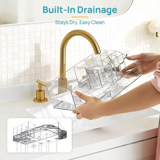 Alt view image 6 of 7 - 5 PCS Bathroom Countertop Organizer, 1 Divided Tray with 4 Qtip Holder Jars, Restroom Clear Organizers for Toothbrush, Cotton Pads Balls, Floss, Bathroom Vanity Accessories Storage Set
