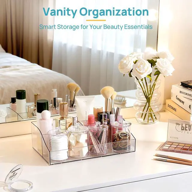 Alt view image 7 of 7 - 5 PCS Bathroom Countertop Organizer, 1 Divided Tray with 4 Qtip Holder Jars, Restroom Clear Organizers for Toothbrush, Cotton Pads Balls, Floss, Bathroom Vanity Accessories Storage Set