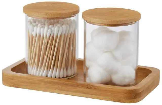 Main image of Glass Qtip Holder with Vanity Tray, Apothecary Jars Bathroom Accessories Bathroom Canisters Organizer Countertop Q Tip Holder for Cotton Ball Round Swab Pad Hair Ties Floss Perfume Jewelry