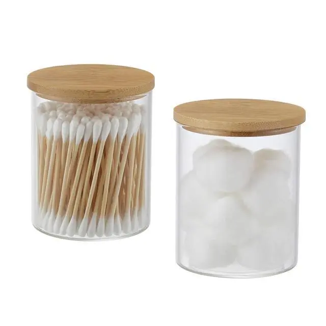 Alt view image 2 of 7 - Glass Qtip Holder with Vanity Tray, Apothecary Jars Bathroom Accessories Bathroom Canisters Organizer Countertop Q Tip Holder for Cotton Ball Round Swab Pad Hair Ties Floss Perfume Jewelry