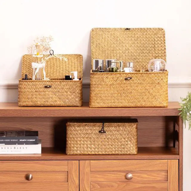 Alt view image 7 of 7 - Storage Basket with Lid, Natural Seagrass Bin with Lid Set of 3, Shelf Baskets Multipurpose Container for Boho Decoration, Rectangular Household Storage Boxes for Home Organization-Natural