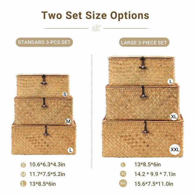 Alt view image 3 of 7 - Storage Basket with Lid, Natural Seagrass Bin with Lid Set of 3, Shelf Baskets Multipurpose Container for Boho Decoration, Rectangular Household Storage Boxes for Home Organization-Natural