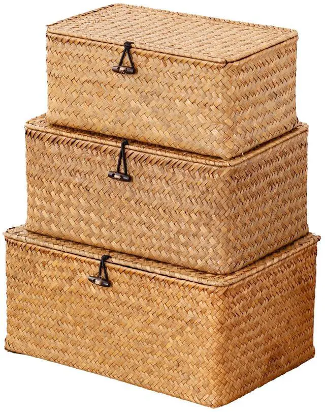 Main image of Storage Basket with Lid, Natural Seagrass Bin with Lid Set of 3, Shelf Baskets Multipurpose Container for Boho Decoration, Rectangular Household Storage Boxes for Home Organization-Natural