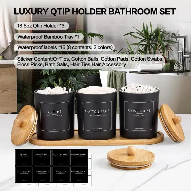 Alt view image 2 of 7 - 3 Pack Qtip Holder Bathroom Set with Tray,13.5oz Cotton Round Ball Pad Holder Cotton Swab Floss Pick Dispenser,Bathroom Organizers and Storage Container,Glass Apothecary Jars Canisters with Lids-Black