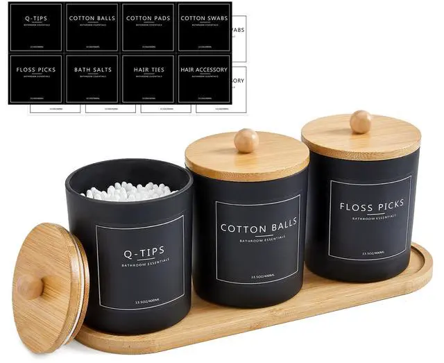 Main image of 3 Pack Qtip Holder Bathroom Set with Tray,13.5oz Cotton Round Ball Pad Holder Cotton Swab Floss Pick Dispenser,Bathroom Organizers and Storage Container,Glass Apothecary Jars Canisters with Lids-Black