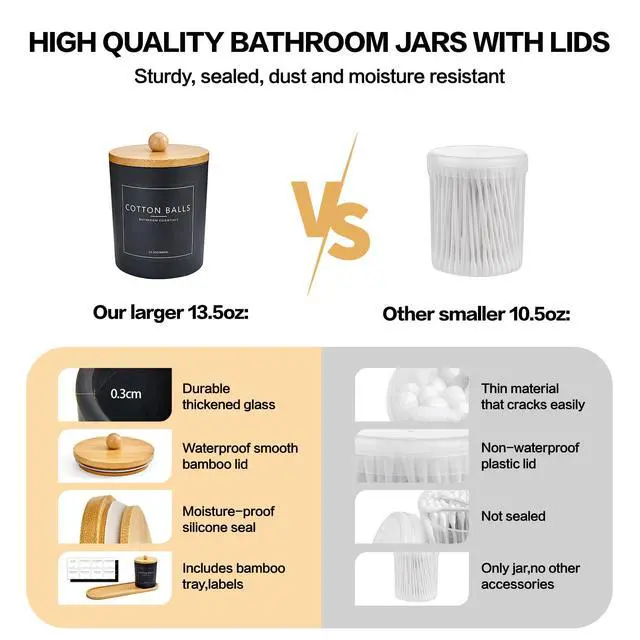 Alt view image 4 of 7 - 3 Pack Qtip Holder Bathroom Set with Tray,13.5oz Cotton Round Ball Pad Holder Cotton Swab Floss Pick Dispenser,Bathroom Organizers and Storage Container,Glass Apothecary Jars Canisters with Lids-Black