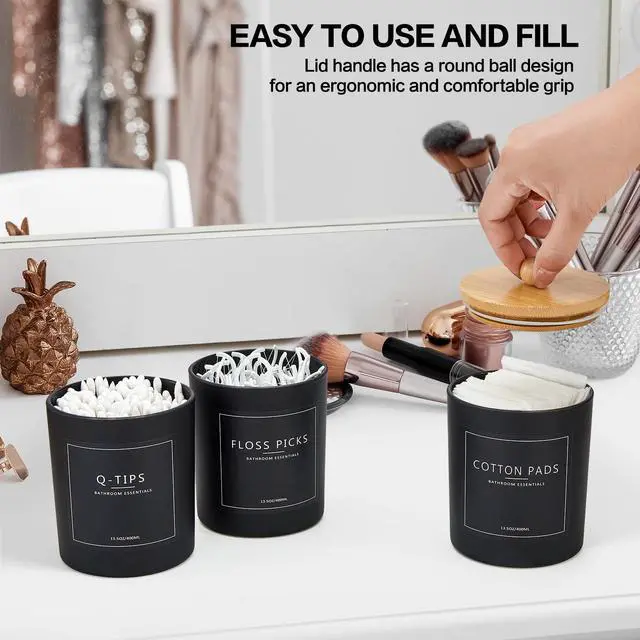 Alt view image 6 of 7 - 3 Pack Qtip Holder Bathroom Set with Tray,13.5oz Cotton Round Ball Pad Holder Cotton Swab Floss Pick Dispenser,Bathroom Organizers and Storage Container,Glass Apothecary Jars Canisters with Lids-Black