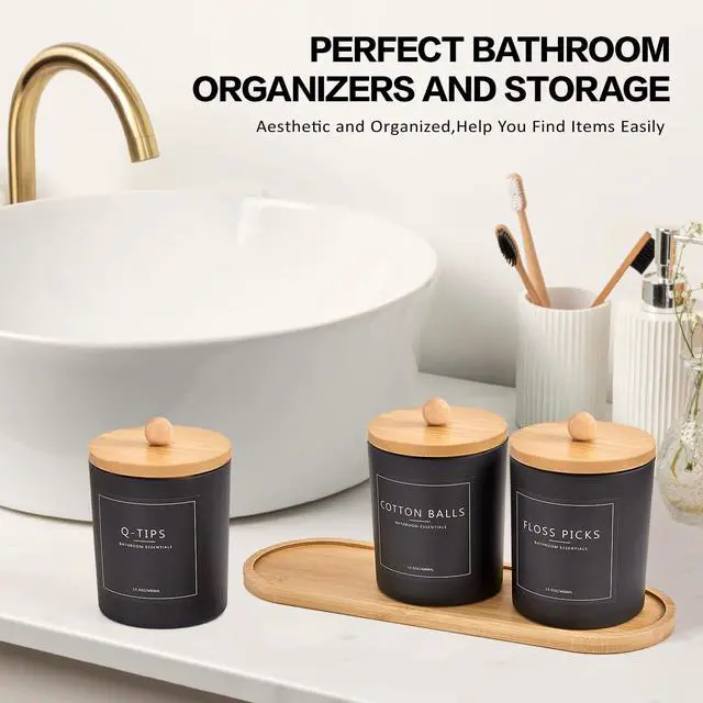 Alt view image 5 of 7 - 3 Pack Qtip Holder Bathroom Set with Tray,13.5oz Cotton Round Ball Pad Holder Cotton Swab Floss Pick Dispenser,Bathroom Organizers and Storage Container,Glass Apothecary Jars Canisters with Lids-Black