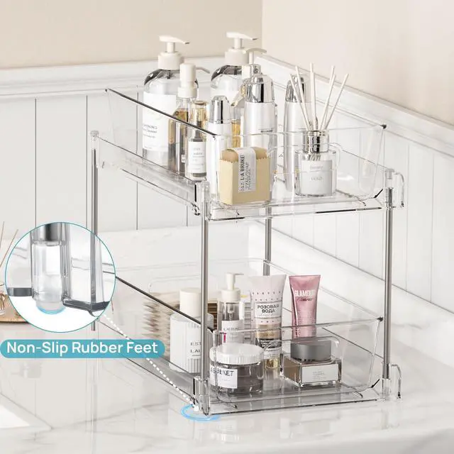 Alt view image 5 of 7 - 2 Tier Bathroom Storage Organizer, 2 Pack Clear Under Sink Organizers Vanity Counter Container, Cabinet Drawers Bins, Pull-Out Organization with Track for Pantry, Kitchen