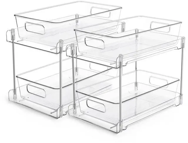 Main image of 2 Tier Bathroom Storage Organizer, 2 Pack Clear Under Sink Organizers Vanity Counter Container, Cabinet Drawers Bins, Pull-Out Organization with Track for Pantry, Kitchen