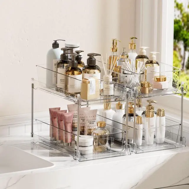 Alt view image 7 of 7 - 2 Tier Bathroom Storage Organizer, 2 Pack Clear Under Sink Organizers Vanity Counter Container, Cabinet Drawers Bins, Pull-Out Organization with Track for Pantry, Kitchen