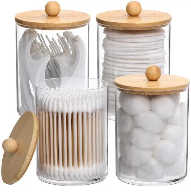 Main image of 4 Pack Qtip Holder, 10-Ounce Bathroom Organizer Accessories Storage Containers Clear Plastic Apothecary Jars with Bamboo Lids for Cotton Ball, Cotton Swab, Floss