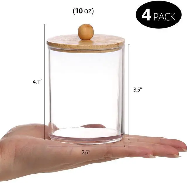 Alt view image 2 of 7 - 4 Pack Qtip Holder, 10-Ounce Bathroom Organizer Accessories Storage Containers Clear Plastic Apothecary Jars with Bamboo Lids for Cotton Ball, Cotton Swab, Floss