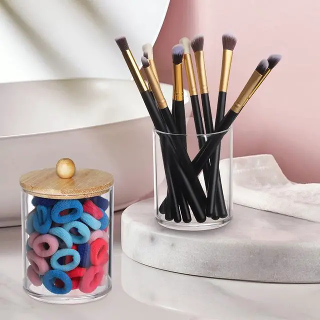 Alt view image 6 of 7 - 4 Pack Qtip Holder, 10-Ounce Bathroom Organizer Accessories Storage Containers Clear Plastic Apothecary Jars with Bamboo Lids for Cotton Ball, Cotton Swab, Floss