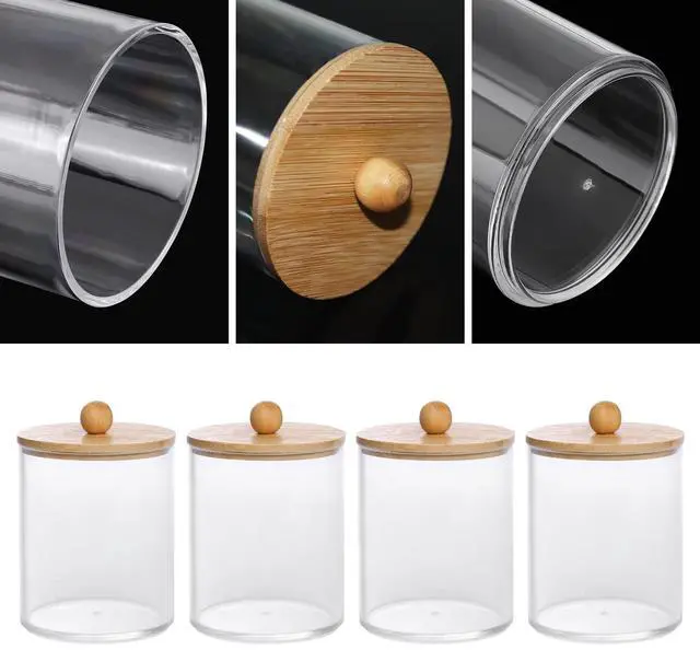 Alt view image 3 of 7 - 4 Pack Qtip Holder, 10-Ounce Bathroom Organizer Accessories Storage Containers Clear Plastic Apothecary Jars with Bamboo Lids for Cotton Ball, Cotton Swab, Floss