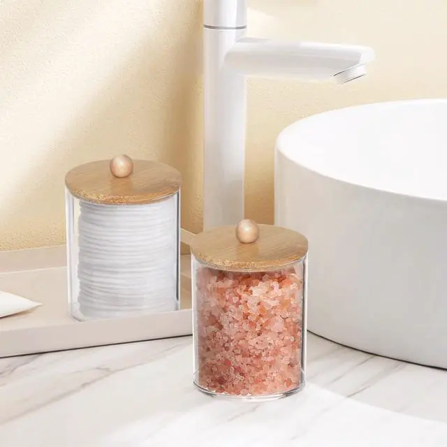 Alt view image 7 of 7 - 4 Pack Qtip Holder, 10-Ounce Bathroom Organizer Accessories Storage Containers Clear Plastic Apothecary Jars with Bamboo Lids for Cotton Ball, Cotton Swab, Floss