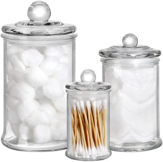 Main image of Set of 3 Glass Apothecary Jars with Lids, Bathroom Canisters Storage Container Jars, Decorative Small Glass Apothecary Jar for Cotton Swabs, Cotton Balls, Makeup Sponges, Bath Salts