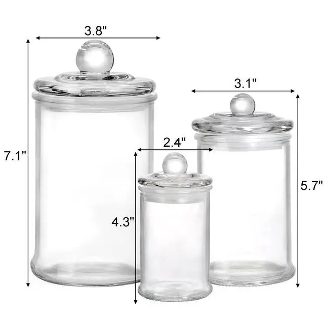 Alt view image 2 of 7 - Set of 3 Glass Apothecary Jars with Lids, Bathroom Canisters Storage Container Jars, Decorative Small Glass Apothecary Jar for Cotton Swabs, Cotton Balls, Makeup Sponges, Bath Salts