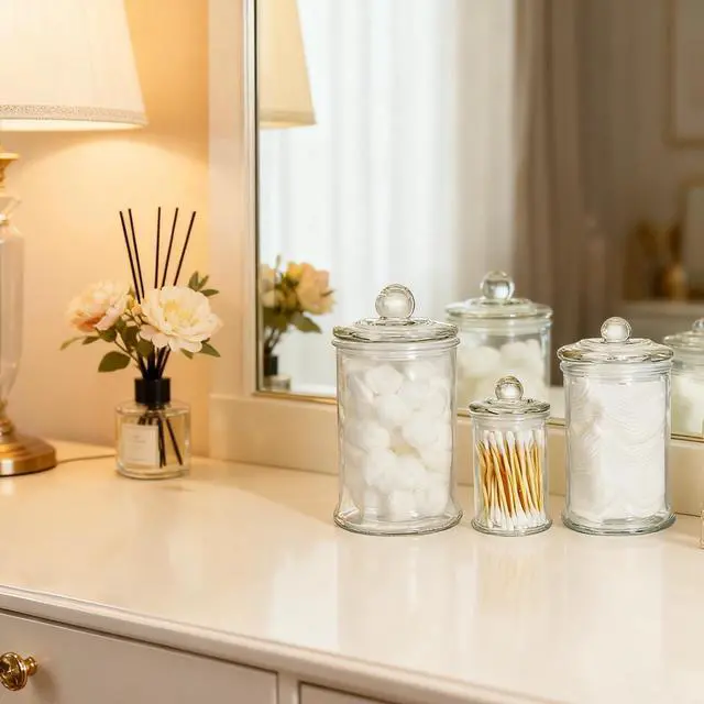 Alt view image 4 of 7 - Set of 3 Glass Apothecary Jars with Lids, Bathroom Canisters Storage Container Jars, Decorative Small Glass Apothecary Jar for Cotton Swabs, Cotton Balls, Makeup Sponges, Bath Salts