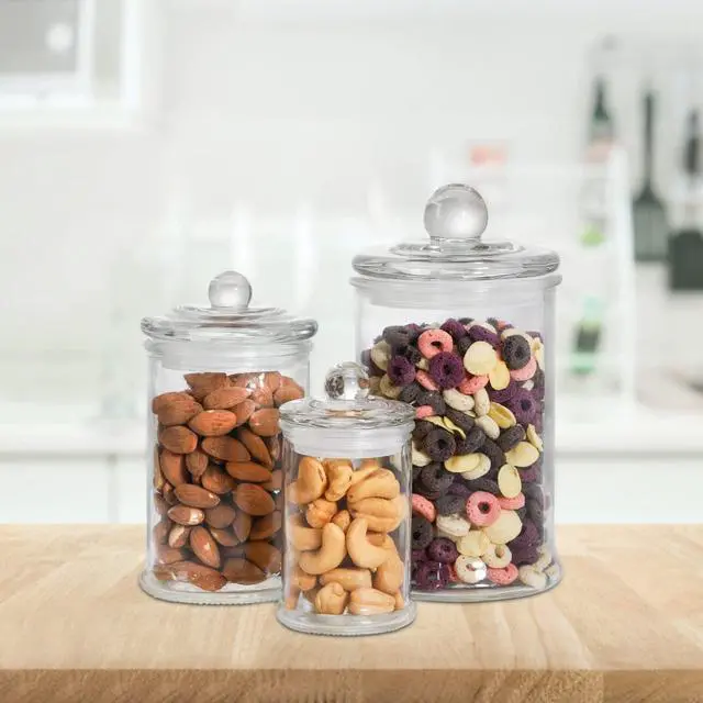 Alt view image 5 of 7 - Set of 3 Glass Apothecary Jars with Lids, Bathroom Canisters Storage Container Jars, Decorative Small Glass Apothecary Jar for Cotton Swabs, Cotton Balls, Makeup Sponges, Bath Salts