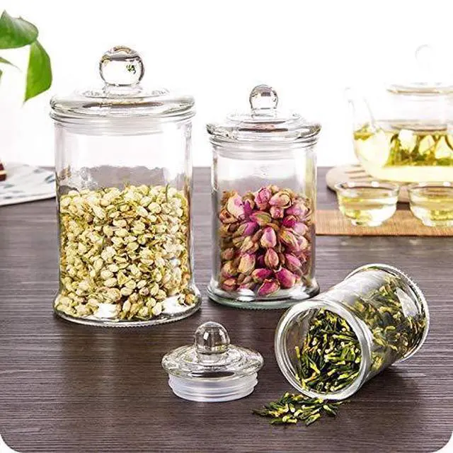 Alt view image 7 of 7 - Set of 3 Glass Apothecary Jars with Lids, Bathroom Canisters Storage Container Jars, Decorative Small Glass Apothecary Jar for Cotton Swabs, Cotton Balls, Makeup Sponges, Bath Salts