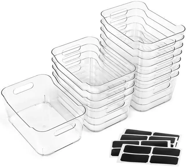 Main image of 12 PACK Multiuse Clear Plastic Storage Bins for Organizing w/ Labels - Home, Kitchen, Bathroom, Office, Pantry Cabinet Shelf Organizer Bins - SOHO Collection, RV, Fridge Organization Containers