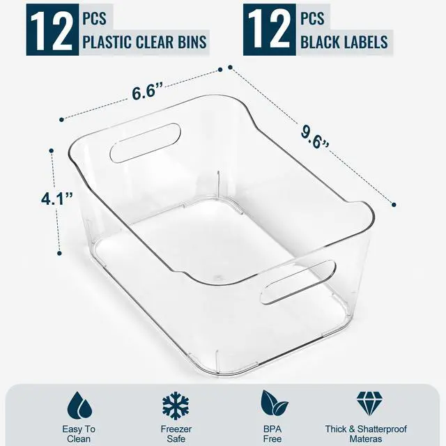 Alt view image 2 of 7 - 12 PACK Multiuse Clear Plastic Storage Bins for Organizing w/ Labels - Home, Kitchen, Bathroom, Office, Pantry Cabinet Shelf Organizer Bins - SOHO Collection, RV, Fridge Organization Containers