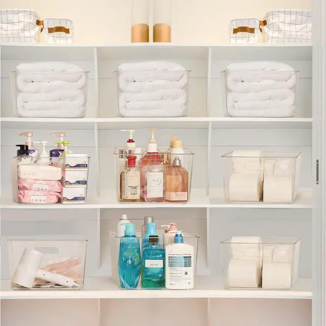 Alt view image 6 of 7 - 4 Pack Extra Large Clear Plastic Storage Bins,11x11 Cube Acrylic Organizer Square Containers with Handle for Pantry,Closet,LaundryRoom,Kitchen,Bathroom,UnderSink Organization