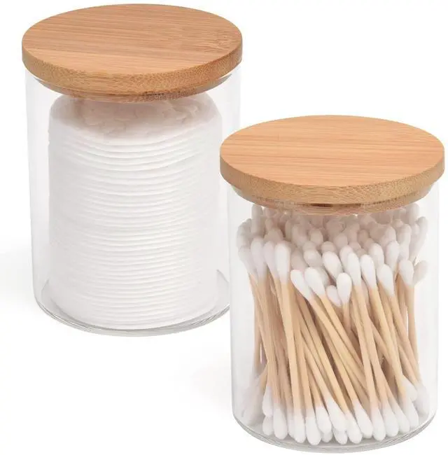 Main image of 2 Pack Glass Qtip Holder Dispenser Set - Apothecary Jars with Lids - Vanity Makeup Organizer and Bathroom Canister Storage Organizer for Cotton Ball, Swab, Round Pads,Floss