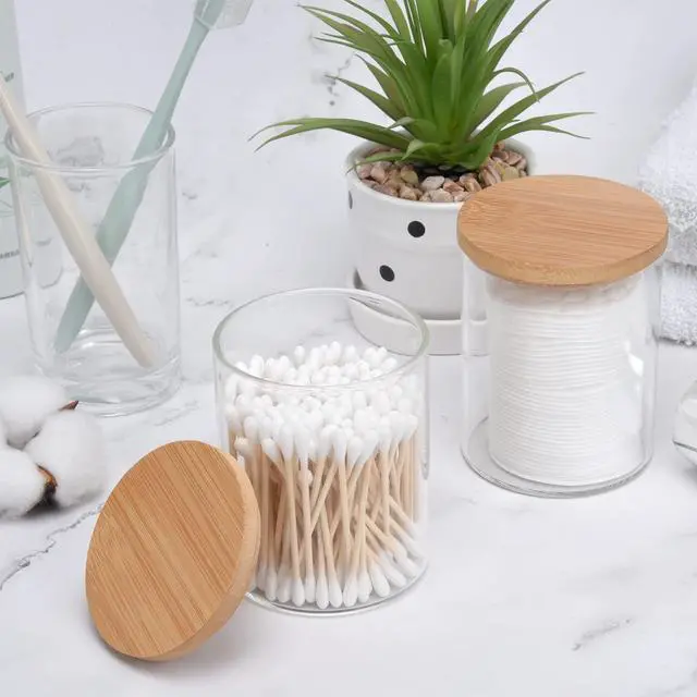 Alt view image 3 of 7 - 2 Pack Glass Qtip Holder Dispenser Set - Apothecary Jars with Lids - Vanity Makeup Organizer and Bathroom Canister Storage Organizer for Cotton Ball, Swab, Round Pads,Floss