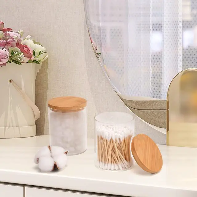 Alt view image 5 of 7 - 2 Pack Glass Qtip Holder Dispenser Set - Apothecary Jars with Lids - Vanity Makeup Organizer and Bathroom Canister Storage Organizer for Cotton Ball, Swab, Round Pads,Floss