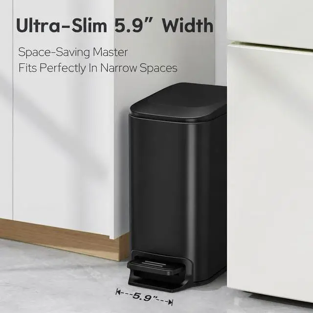 Alt view image 2 of 7 - Slim Bathroom Trash Can with Lid Soft Close, Step Pedal, 6 Liter / 1.6 Gallon Stainless Steel Garbage Can with Removable Inner Bucket, Anti-Fingerprint Finish (Matte Black)