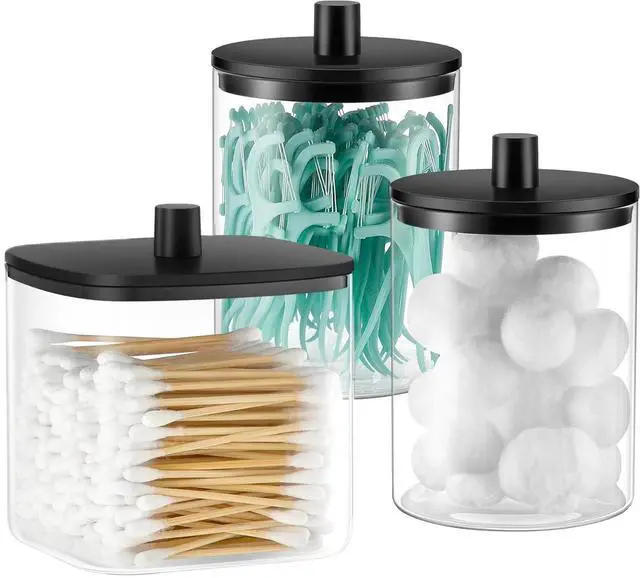 Main image of 3 Pack Glass Qtip Holder Dispenser- 10 oz Clear Canister Apothecary Jar, Bathroom Vanity Storage Organizer Set for Cotton Swabs, Pads, Floss Picks, Small Containers for Makeup Storage (Black)