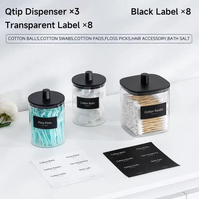 Alt view image 2 of 7 - 3 Pack Glass Qtip Holder Dispenser- 10 oz Clear Canister Apothecary Jar, Bathroom Vanity Storage Organizer Set for Cotton Swabs, Pads, Floss Picks, Small Containers for Makeup Storage (Black)