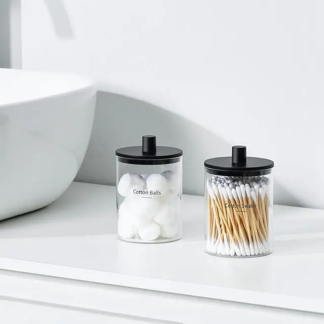 Alt view image 4 of 7 - 3 Pack Glass Qtip Holder Dispenser- 10 oz Clear Canister Apothecary Jar, Bathroom Vanity Storage Organizer Set for Cotton Swabs, Pads, Floss Picks, Small Containers for Makeup Storage (Black)