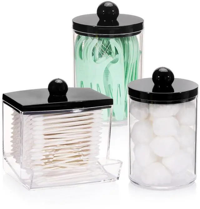 Main image of 10oz Cotton Ball Holder Qtips Dispenser, Bathroom Container Organizer for Storage Cotton Swabs, Pads - Apothecary Jar with Black Lids